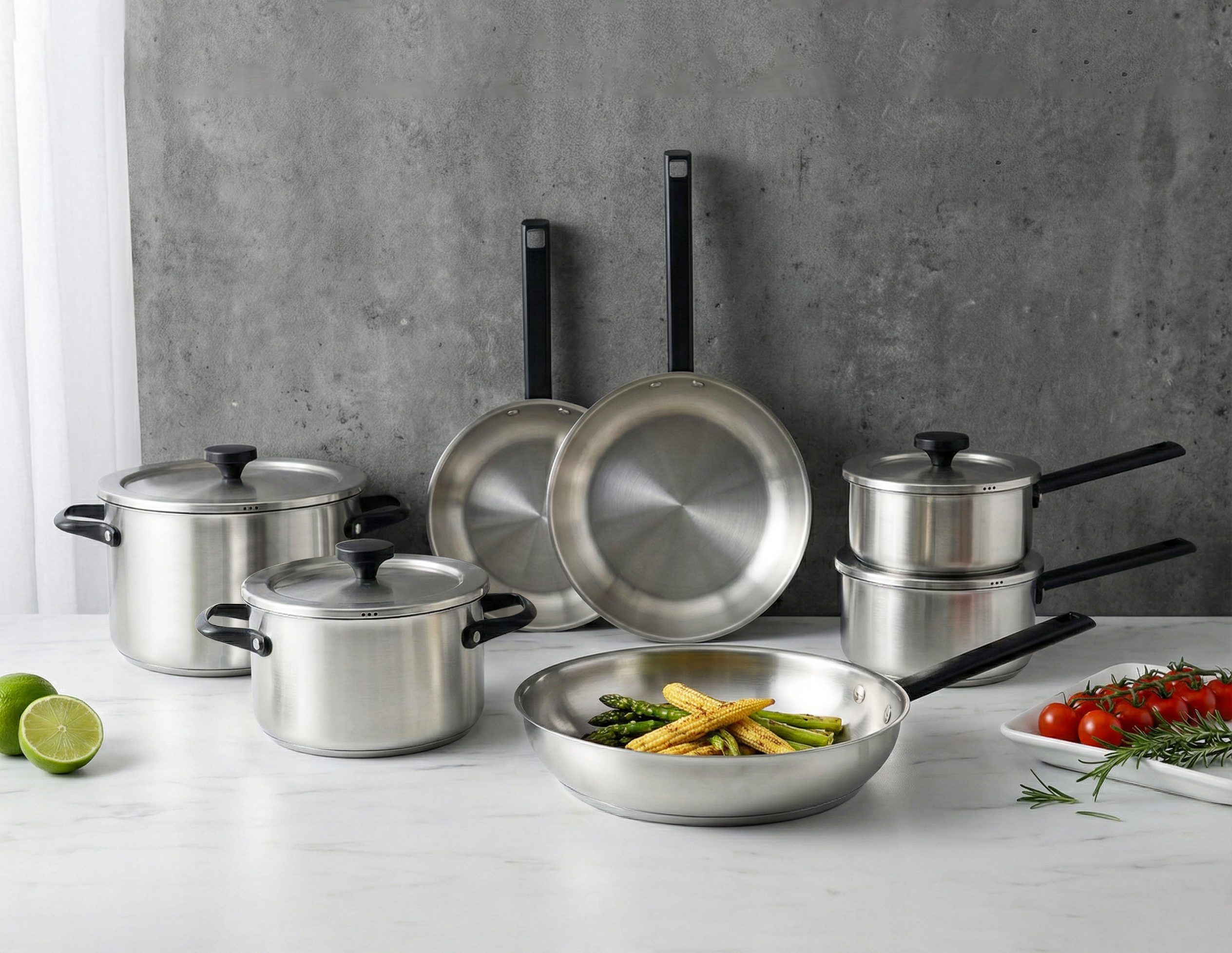 Factory Direct Sales Stainless Steel Kitchenware Black Handle Cookware Set Cooking Pots Stainless Steel Impact Bonded Bottom Cookware Set