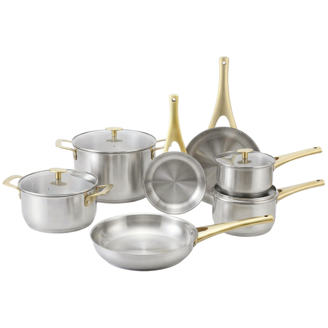 Factory New Arrival Stainless Steel Cookware Set with Golden Handle Cooking Pots Brazed Bottom Cookware Set Saucepan Frypan