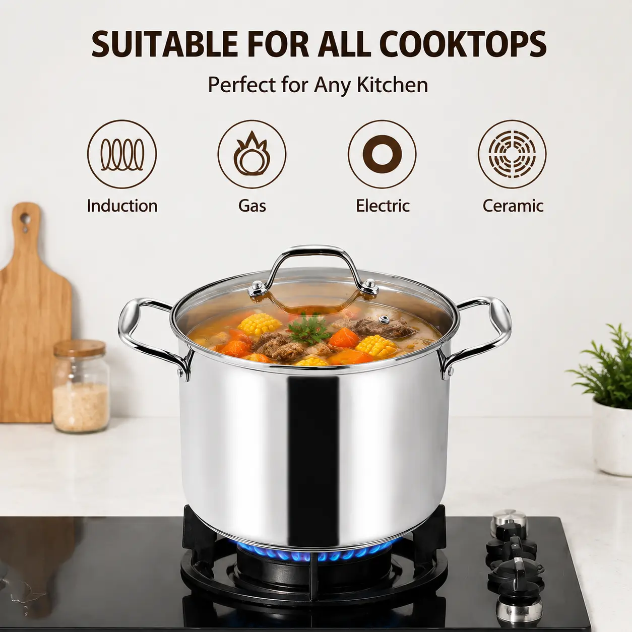 Factory Supply Wholesale Hot Selling Stainless Steel Luxury Cooking Pot Set with Glass Lid Large Capacity Soup Pot Stockpot