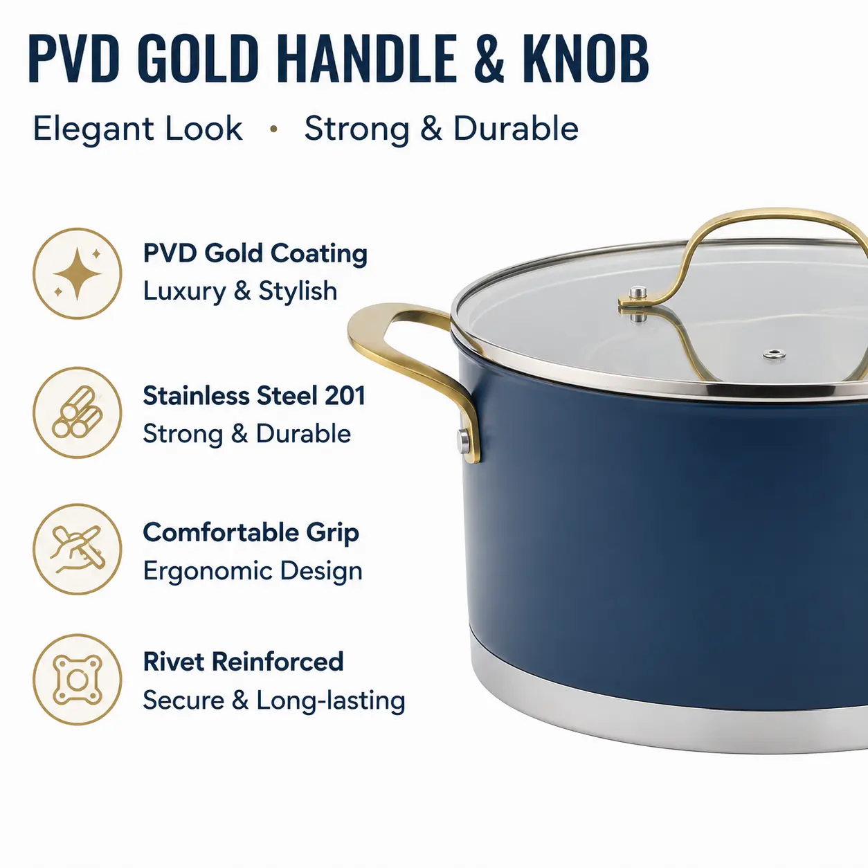 Factory New Arrival Stainless Steel Cookware Set with Golden Handle Cooking Pots and Pans Brazed Bottom Cookware Set Saucepan