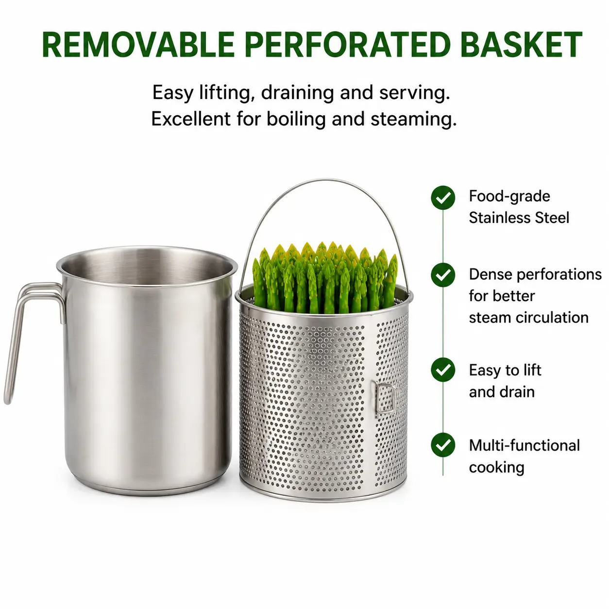 Factory Supply Wholesale Stainless Steel Deep Fryer Pot Asparagus Pot with Lid & Inner Rack Basket Tall Body Pasta Pot