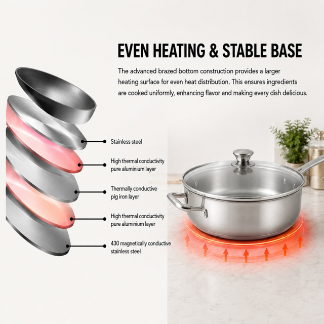 Hot Sale Factory New Arrival Non-coating Pan Stainless Steel Frying Pan with Handle Cooking Pots Brazed Bottom Saute Pan