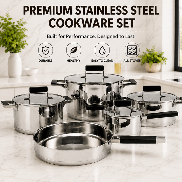 Factory New Arrival Stainless Steel Cookware Set with Silicone Handle Cooking Pots Impact Bonded Bottom Cookware Set Saucepan Frypan