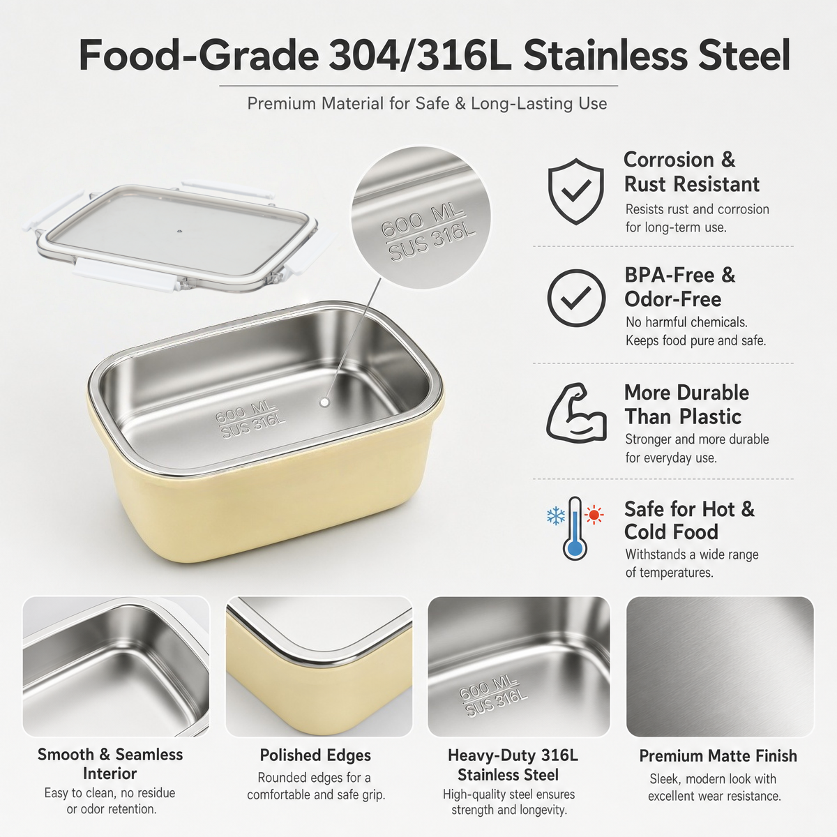 New Design 304 Stainless Steel Fresh-keeping Box Snap-on Refrigerator Storage Box Heating Food Grade Microwave Sealed Box