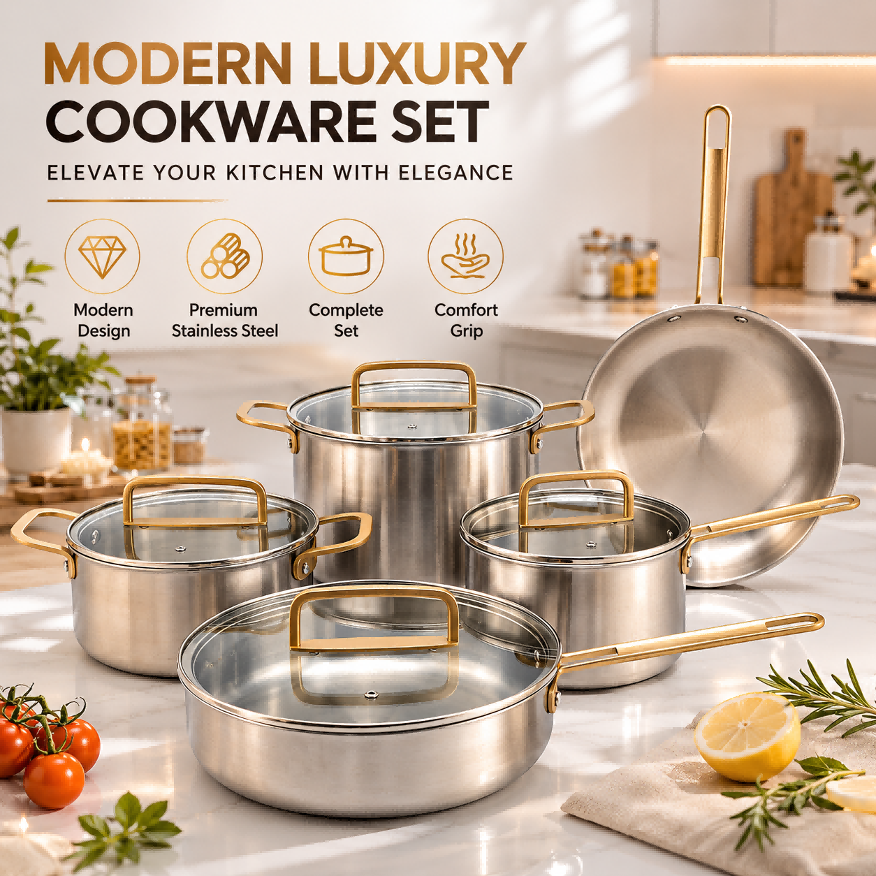 Factory New Arrival Multipurpose Tri-Ply Stainless Steel Saute Pan with Cover And Golden Handle Stainless Steel Deep Saute Pan